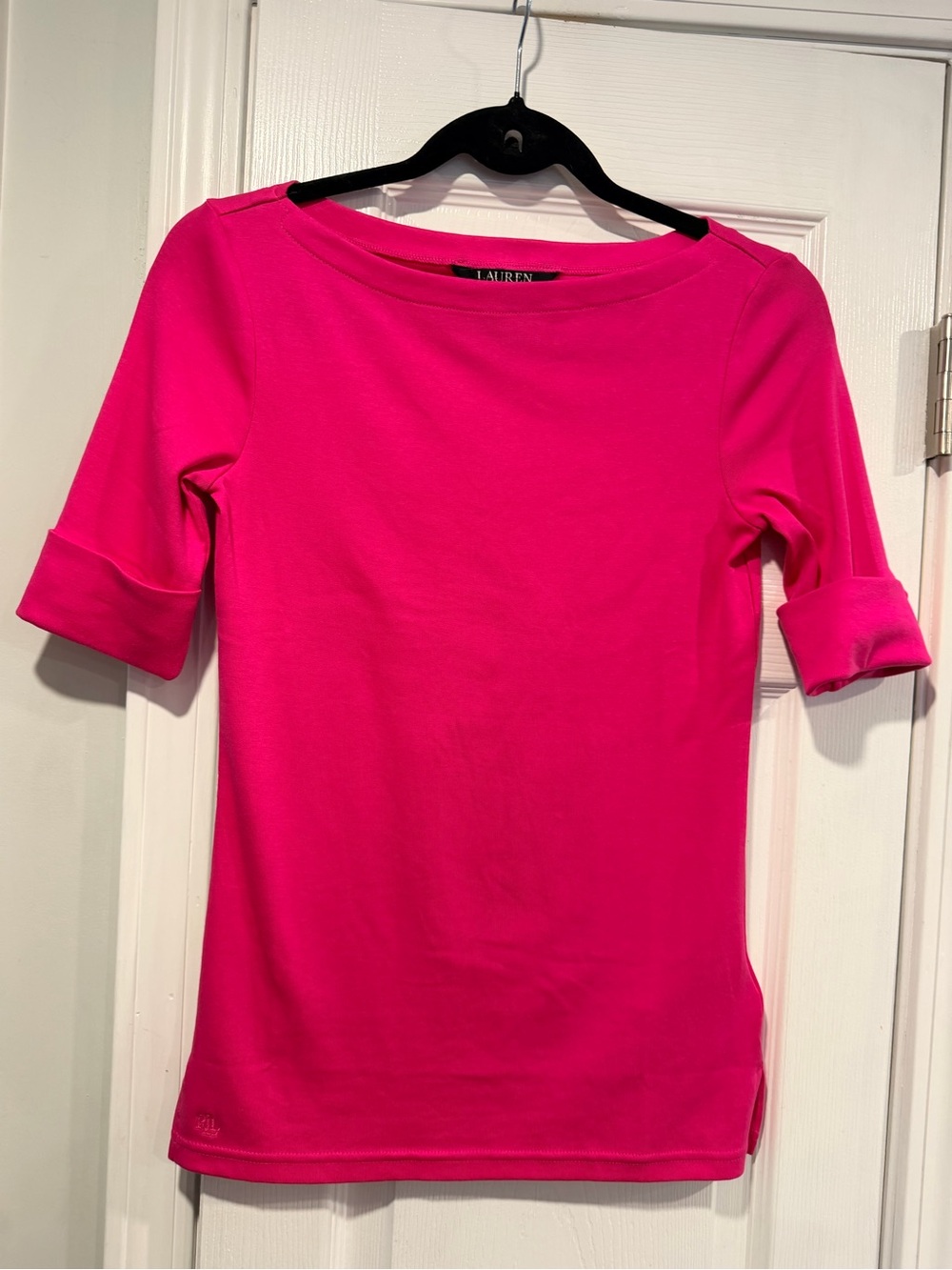 NWOT LRL Lauren Ralph Lauren Size XS Pink Boat Neck Cuffed Sleeve Top Cotton